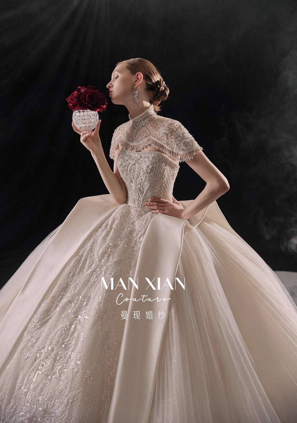 Regal High-Neck Crystal Ball Gown Wedding Dress with Oversized Satin Bows & Cathedral Train