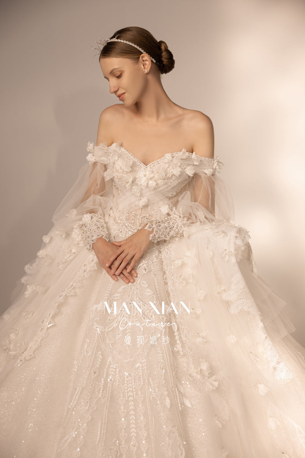 Ethereal Off-Shoulder 3D Floral Ball Gown Wedding Dress with Cathedral Train & Detachable Sleeves