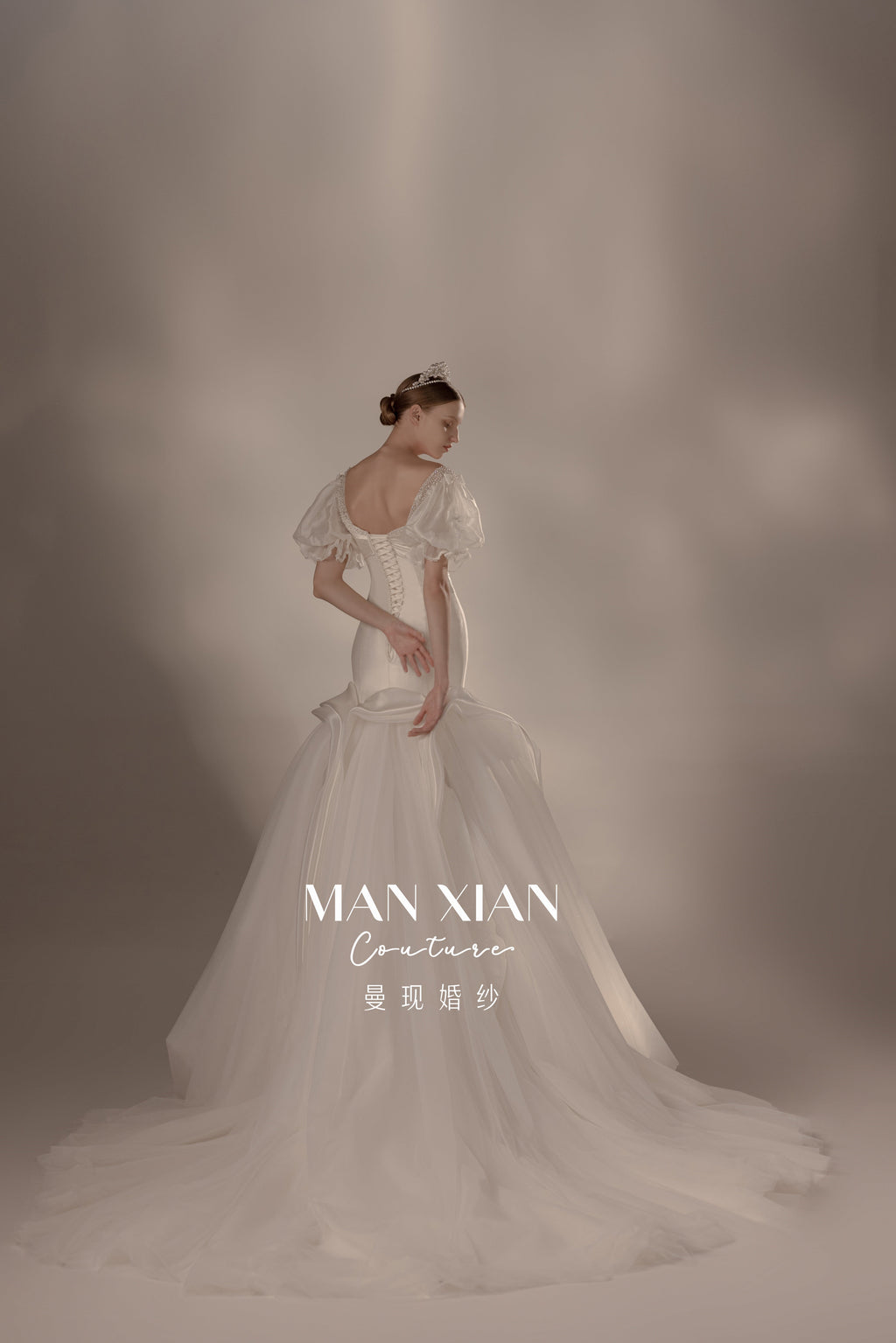 Romantic Off-Shoulder Satin Mermaid Wedding Dress with Puff Sleeves & Cathedral Train