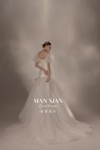 Romantic Off-Shoulder Satin Mermaid Wedding Dress with Puff Sleeves & Cathedral Train