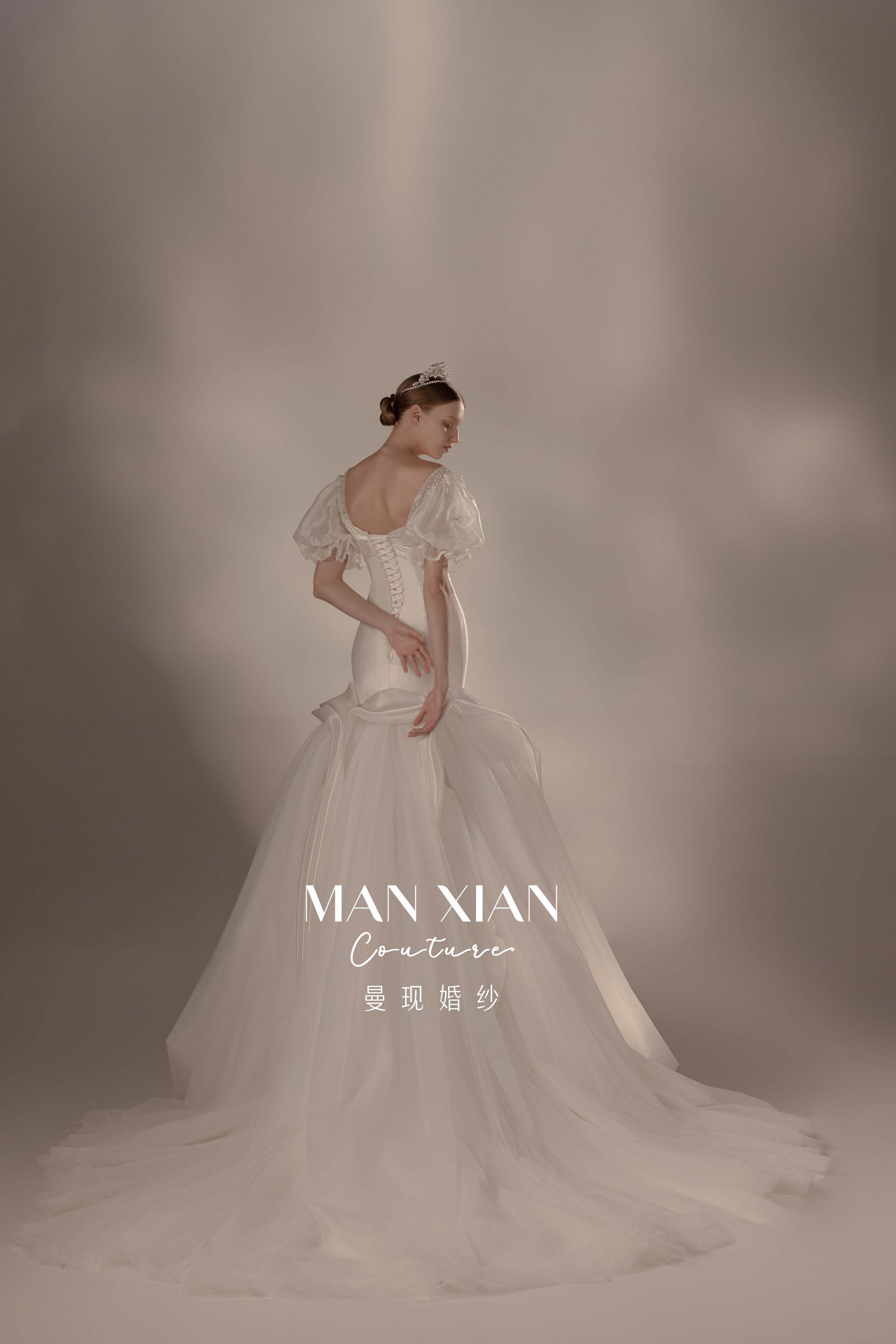 Romantic Off-Shoulder Satin Mermaid Wedding Dress with Puff Sleeves & Cathedral Train