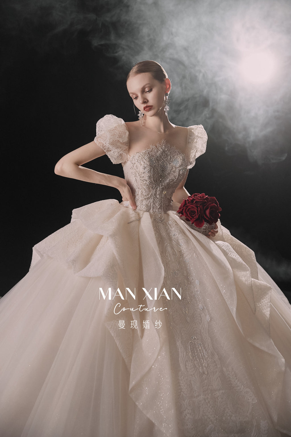 Regal Puff-Sleeve Crystal Ball Gown Wedding Dress with Cathedral Train & Sculptural Lace Skirt