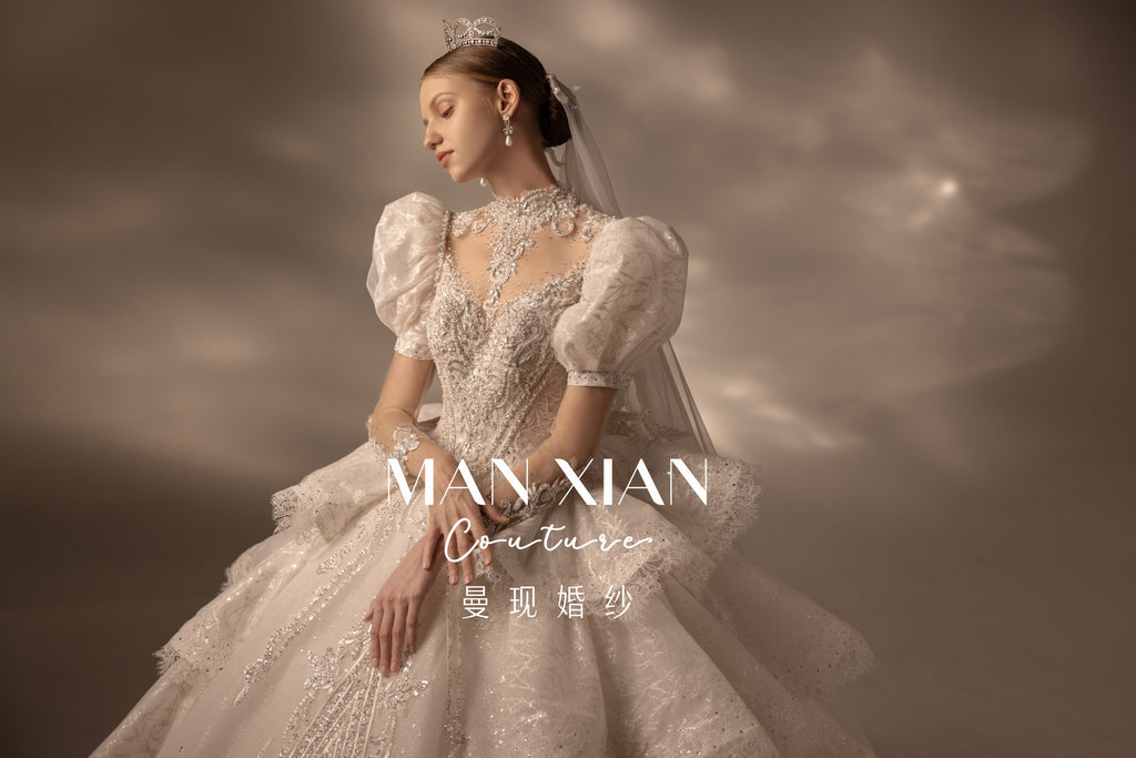 Regal Puff-Sleeve Crystal Ball Gown Wedding Dress with Cathedral Train & Statement Choker