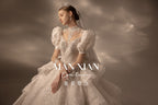 Regal Puff-Sleeve Crystal Ball Gown Wedding Dress with Cathedral Train & Statement Choker