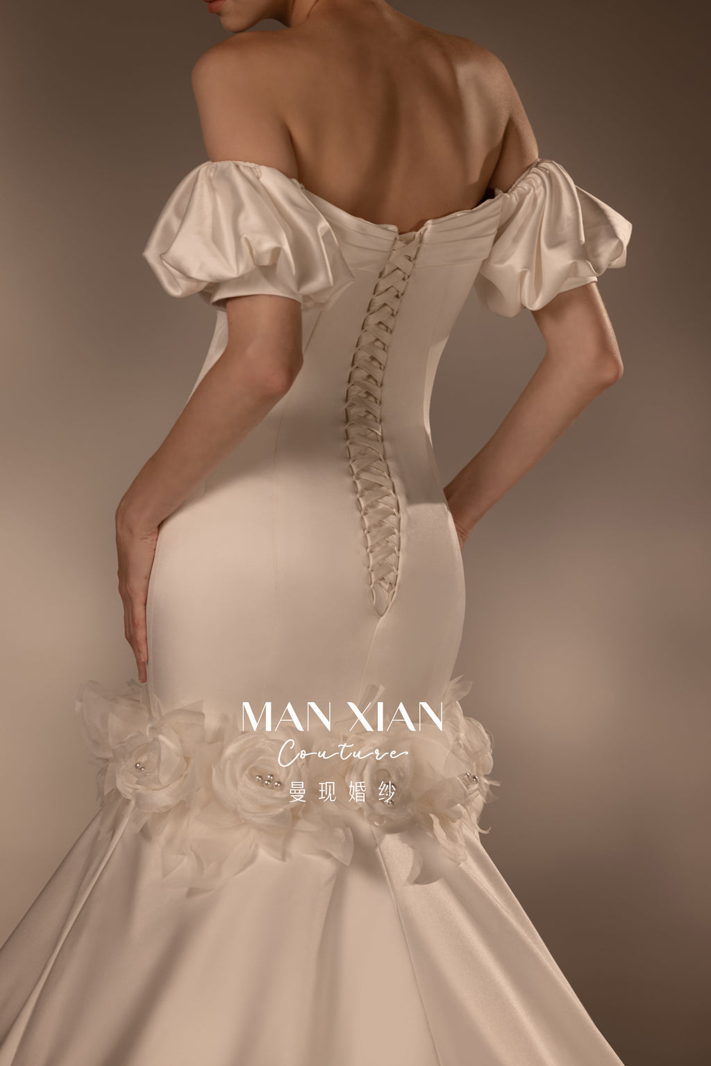Romantic Off-Shoulder Satin Mermaid Wedding Dress with 3D Floral Detail & Cathedral Train