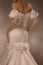 Romantic Off-Shoulder Satin Mermaid Wedding Dress with 3D Floral Detail & Cathedral Train