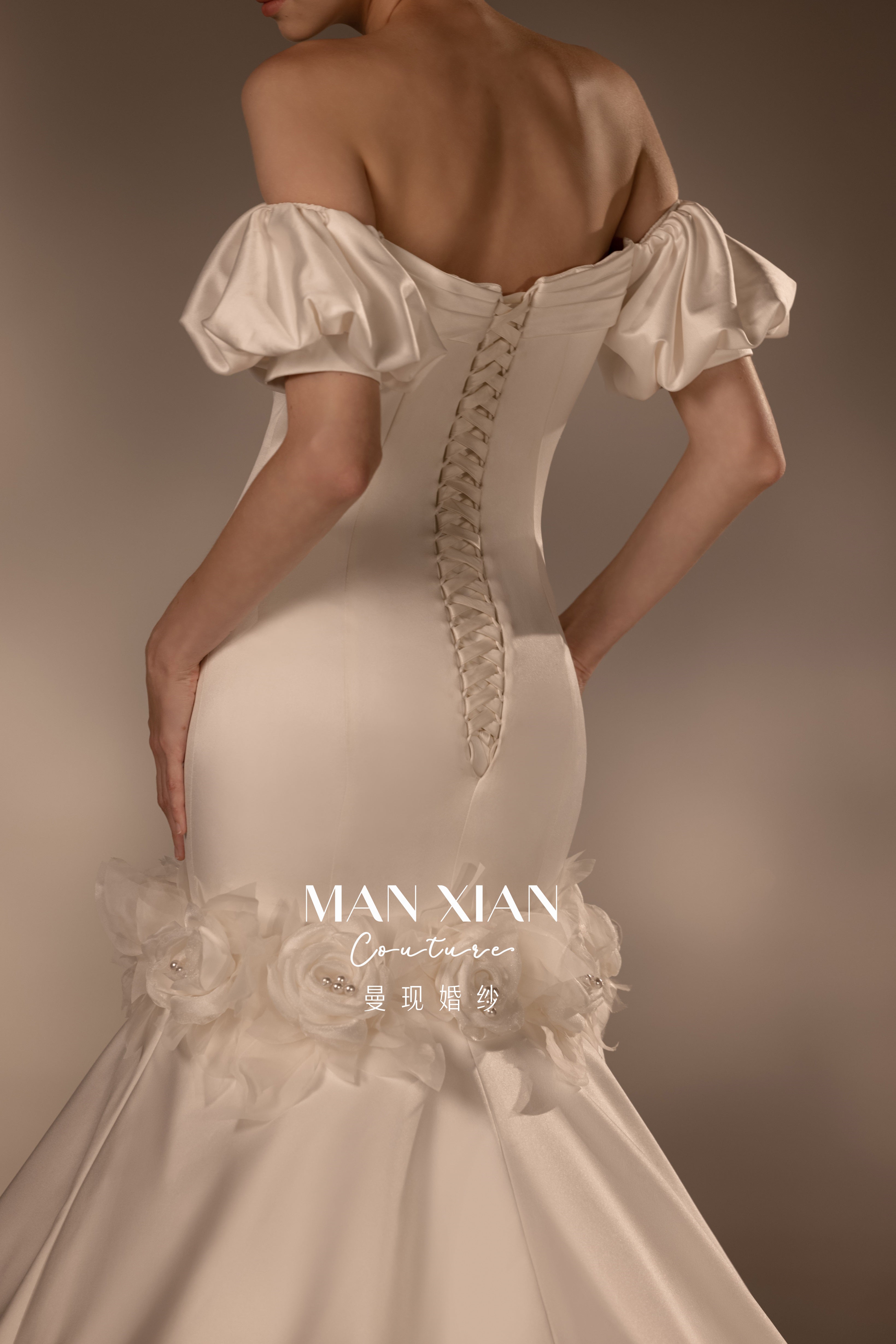 Romantic Off-Shoulder Satin Mermaid Wedding Dress with 3D Floral Detail & Cathedral Train