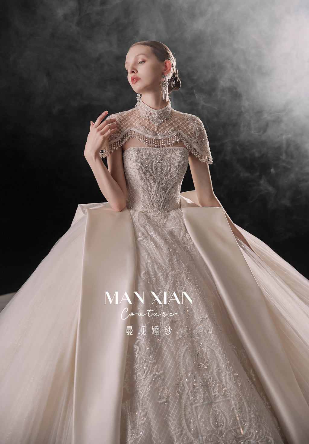 Regal High-Neck Crystal Ball Gown Wedding Dress with Oversized Satin Bows & Cathedral Train