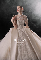 Regal High-Neck Crystal Ball Gown Wedding Dress with Oversized Satin Bows & Cathedral Train
