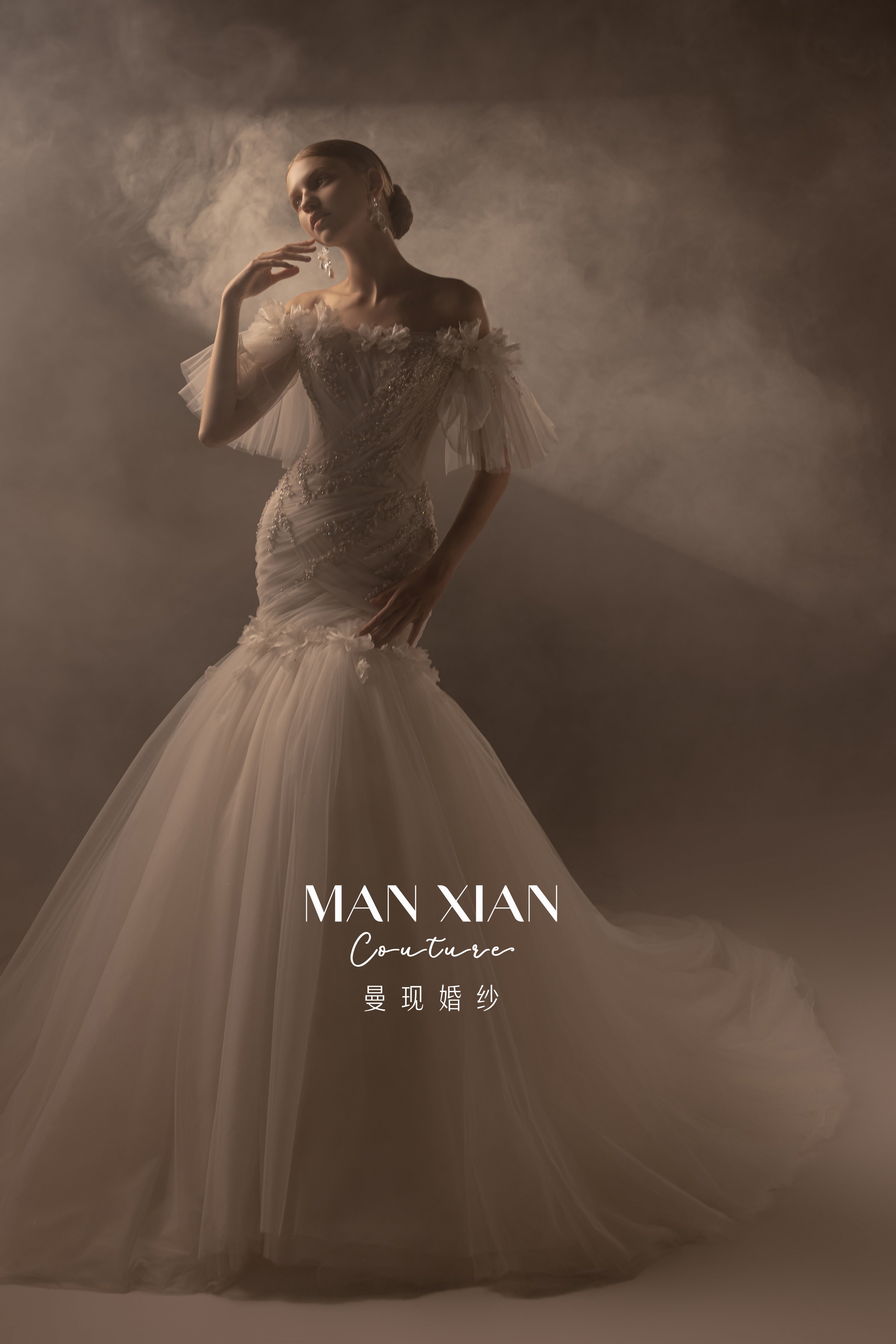 Ethereal Off-Shoulder Crystal Mermaid Wedding Dress with 3D Floral Detail & Cathedral Train