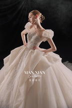 Regal Puff-Sleeve Crystal Ball Gown Wedding Dress with Cathedral Train & Sculptural Lace Skirt