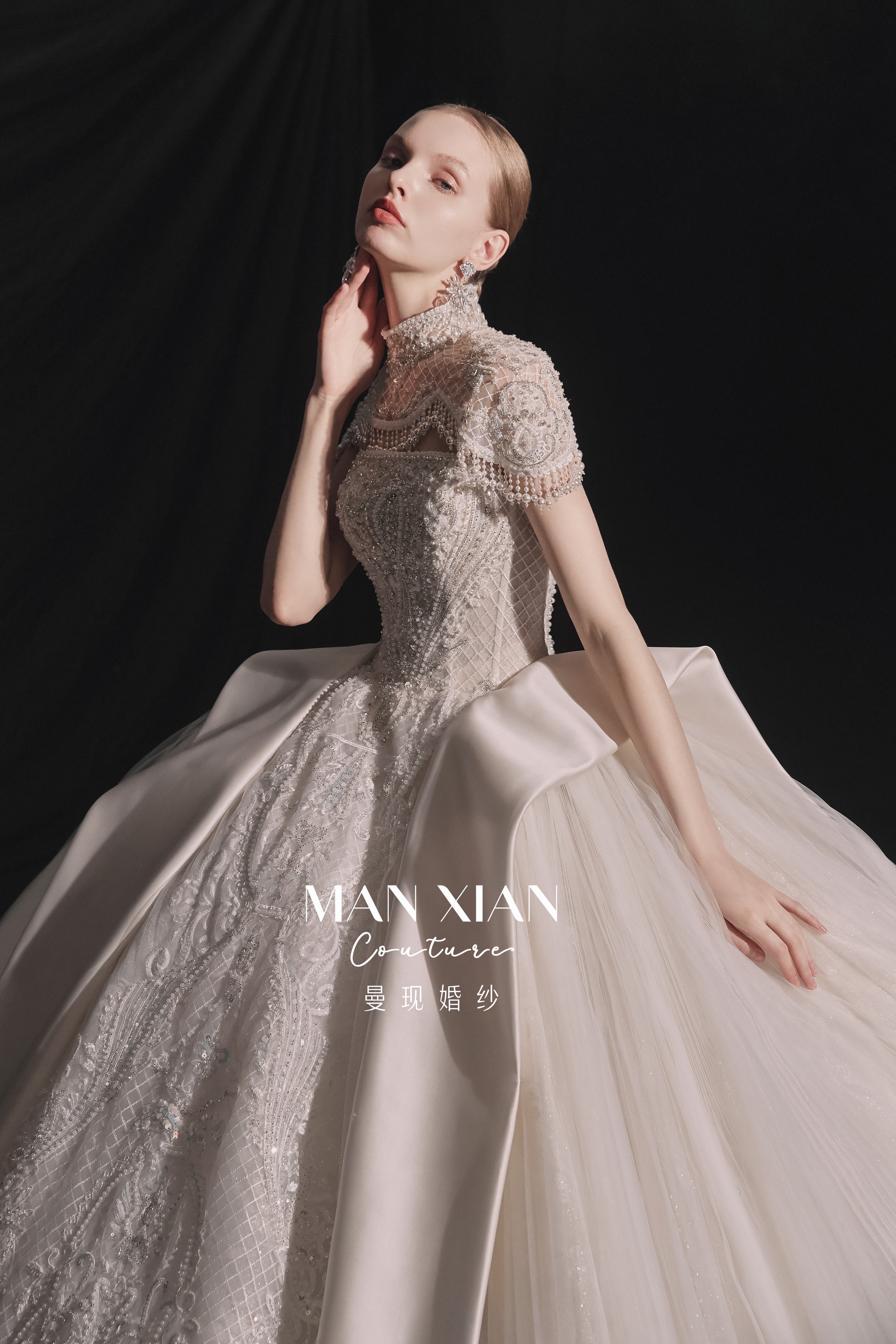 Regal High-Neck Crystal Ball Gown Wedding Dress with Oversized Satin Bows & Cathedral Train