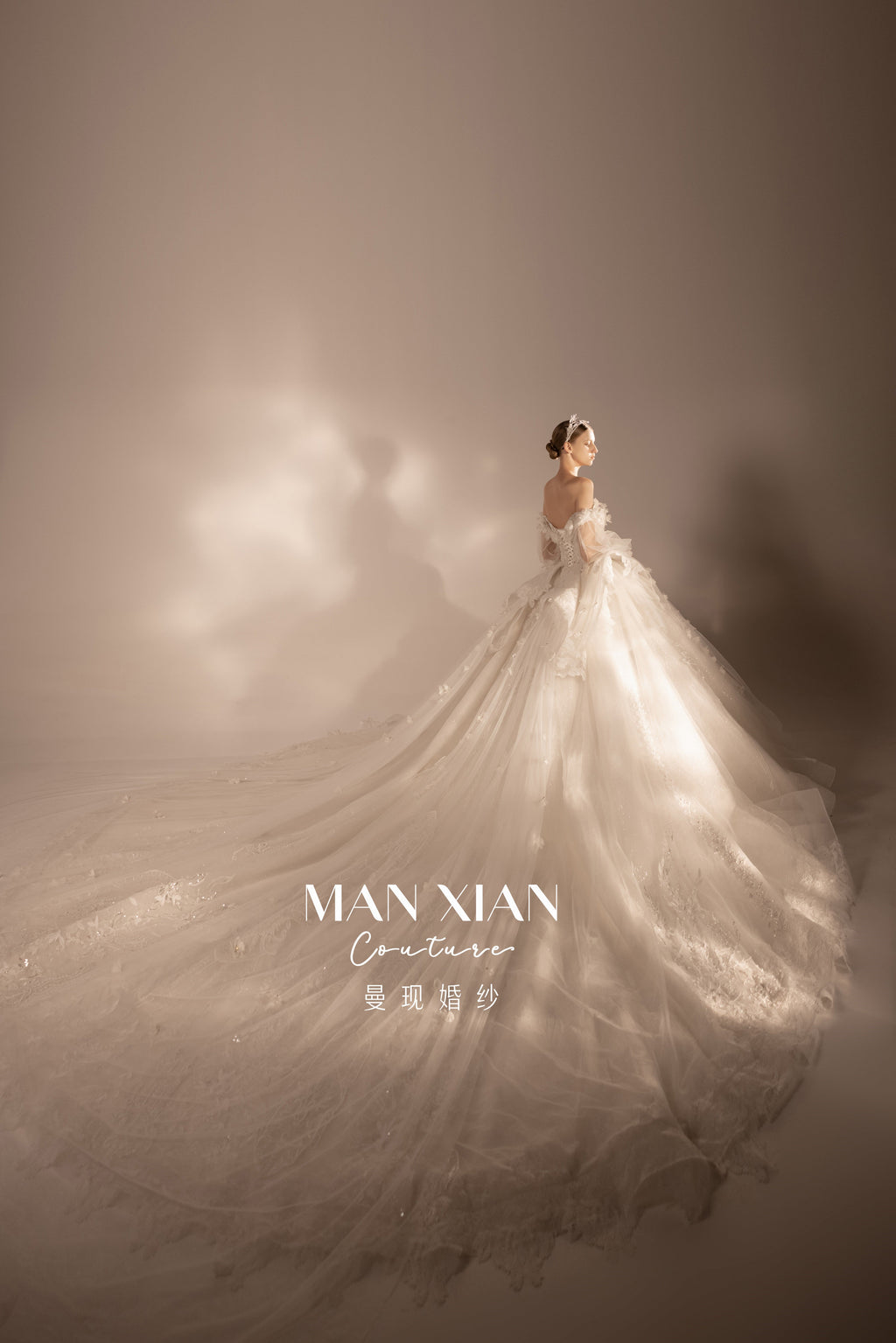 Ethereal Off-Shoulder 3D Floral Ball Gown Wedding Dress with Cathedral Train & Detachable Sleeves