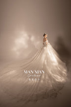 Ethereal Off-Shoulder 3D Floral Ball Gown Wedding Dress with Cathedral Train & Detachable Sleeves