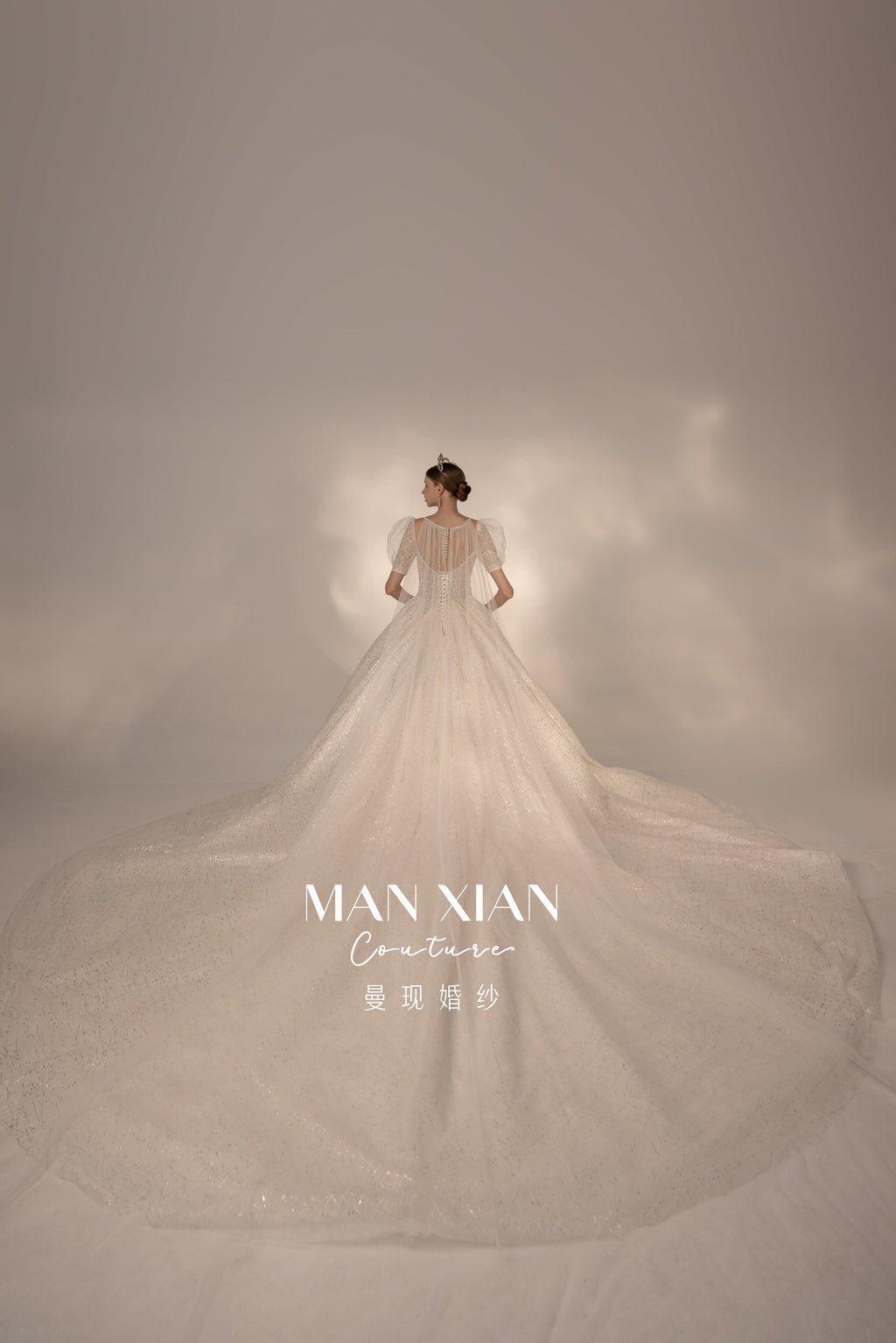 Regal Puff-Sleeve Crystal Ball Gown Wedding Dress with Cathedral Train & Statement Choker