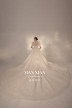 Regal Puff-Sleeve Crystal Ball Gown Wedding Dress with Cathedral Train & Statement Choker