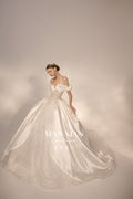 Regal Off-Shoulder Satin Ball Gown Wedding Dress with Oversized Bow & Cathedral Train