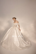 Regal Off-Shoulder Satin Ball Gown Wedding Dress with Oversized Bow & Cathedral Train