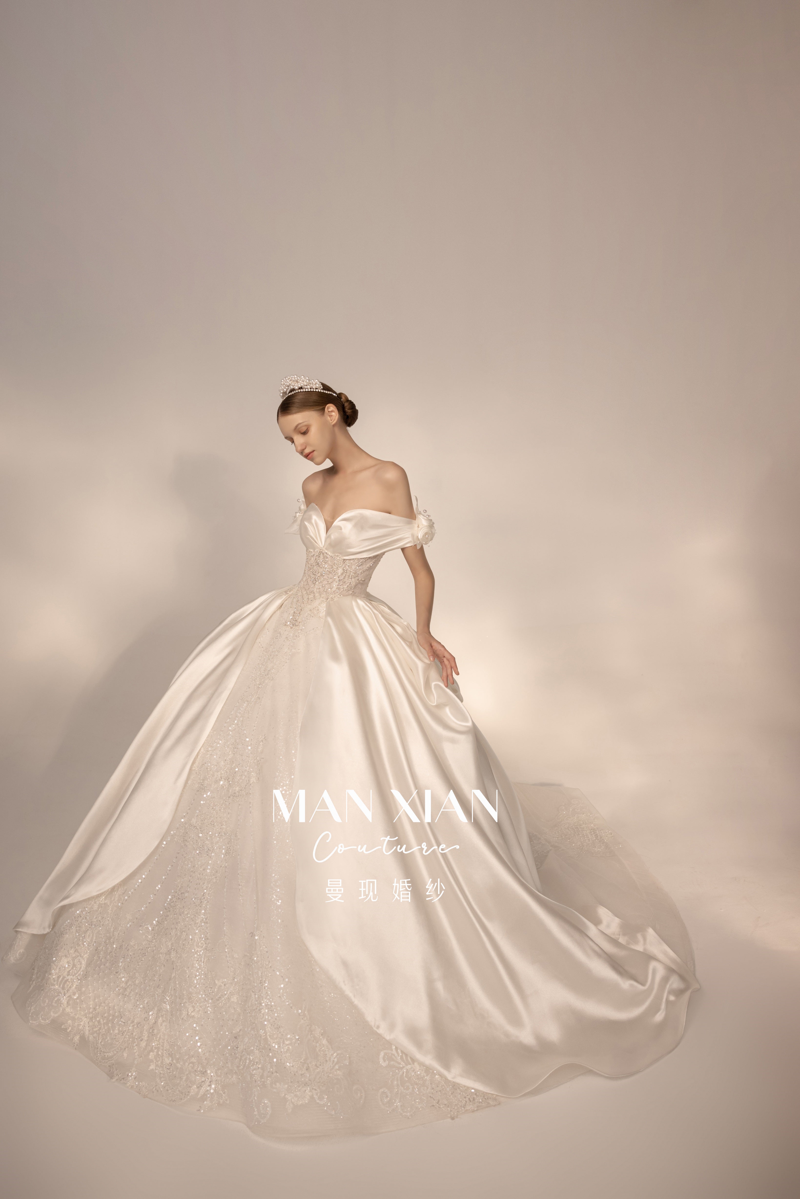 Regal Off-Shoulder Satin Ball Gown Wedding Dress with Oversized Bow & Cathedral Train
