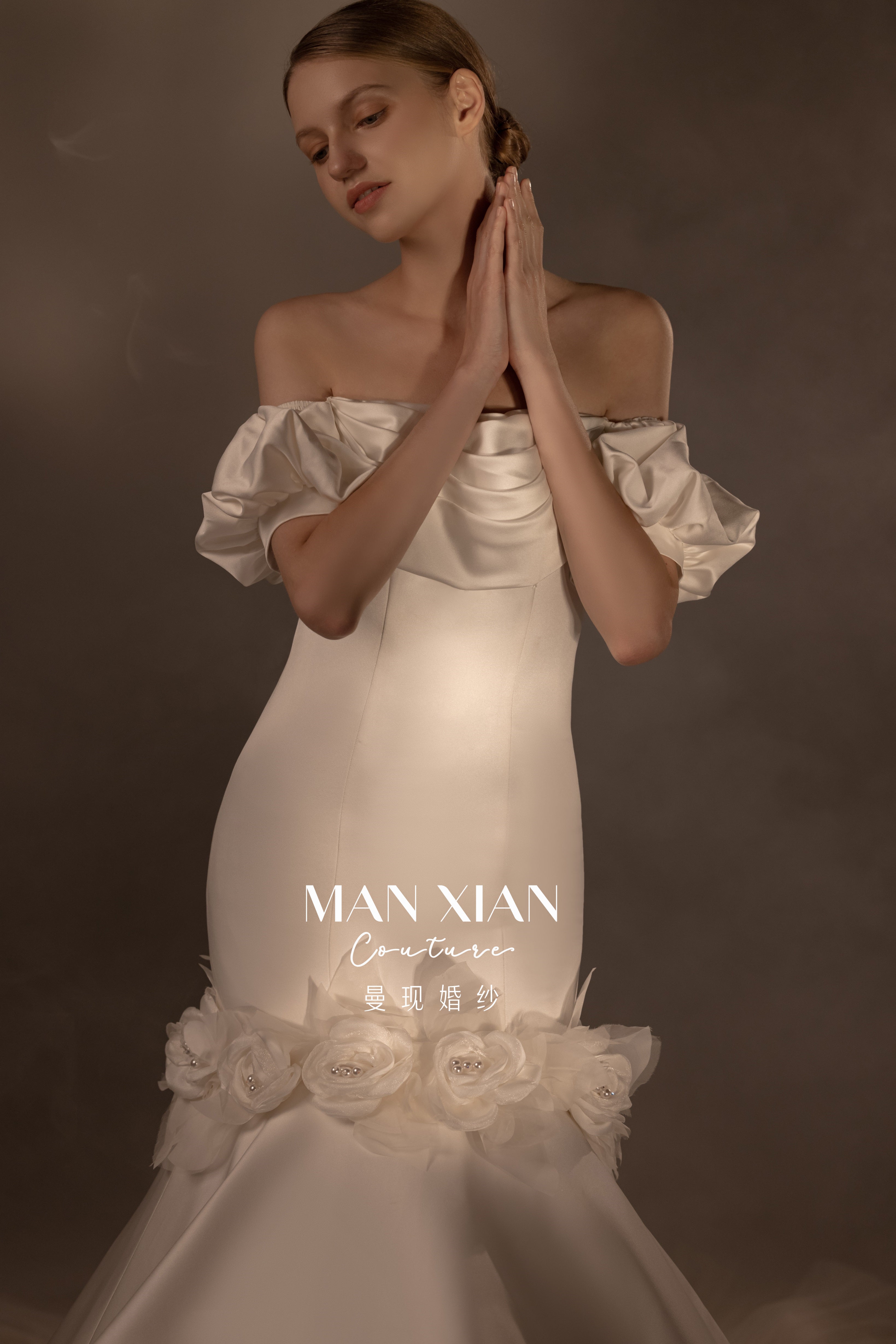 Romantic Off-Shoulder Satin Mermaid Wedding Dress with 3D Floral Detail & Cathedral Train