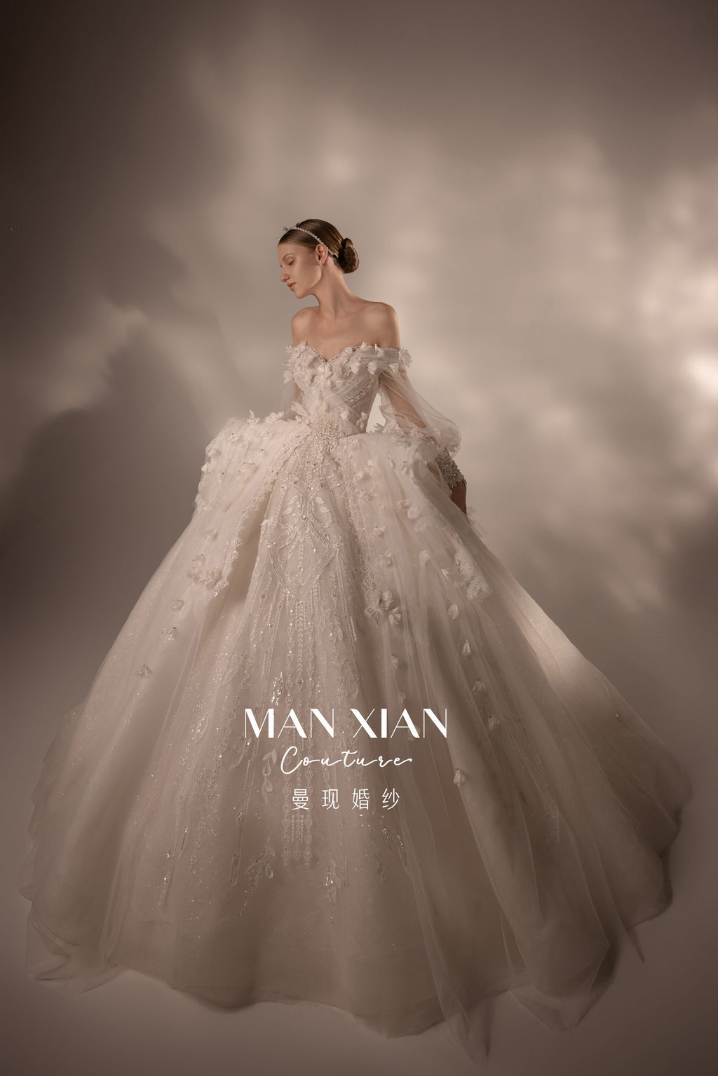 Ethereal Off-Shoulder 3D Floral Ball Gown Wedding Dress with Cathedral Train & Detachable Sleeves