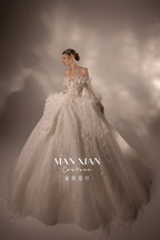 Ethereal Off-Shoulder 3D Floral Ball Gown Wedding Dress with Cathedral Train & Detachable Sleeves