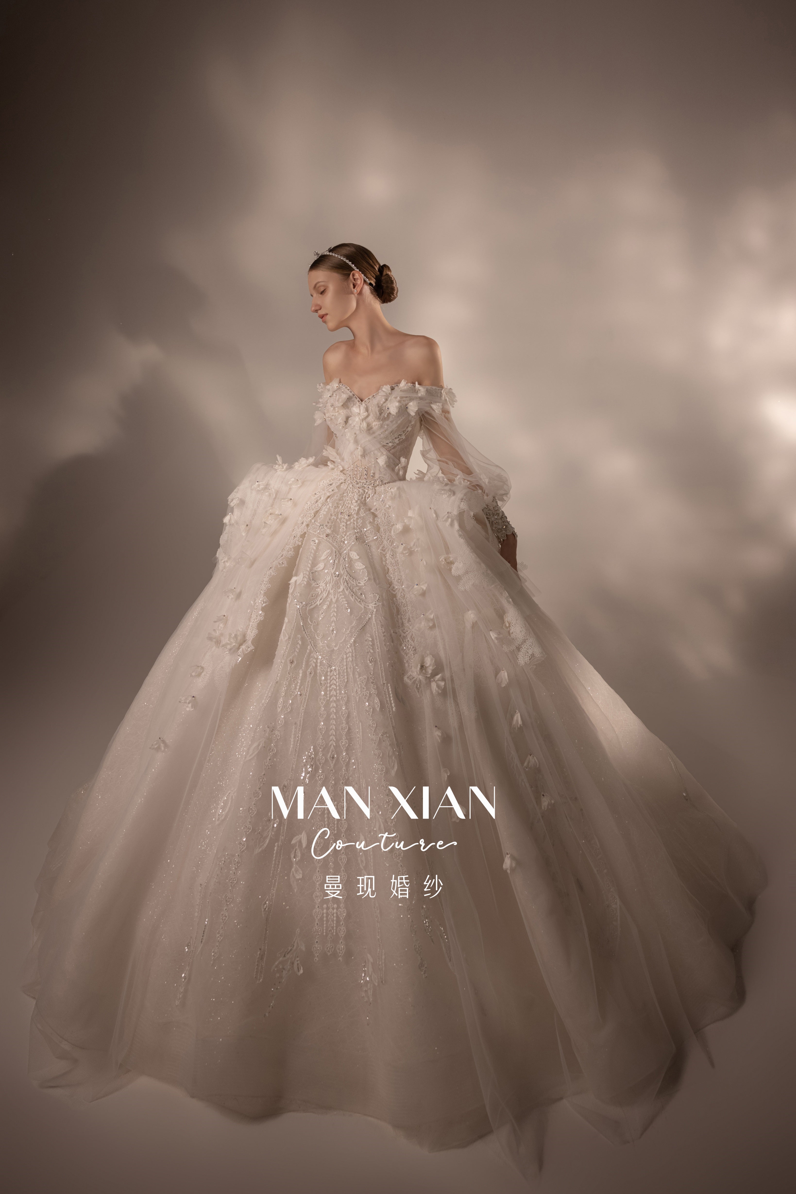 Ethereal Off-Shoulder 3D Floral Ball Gown Wedding Dress with Cathedral Train & Detachable Sleeves