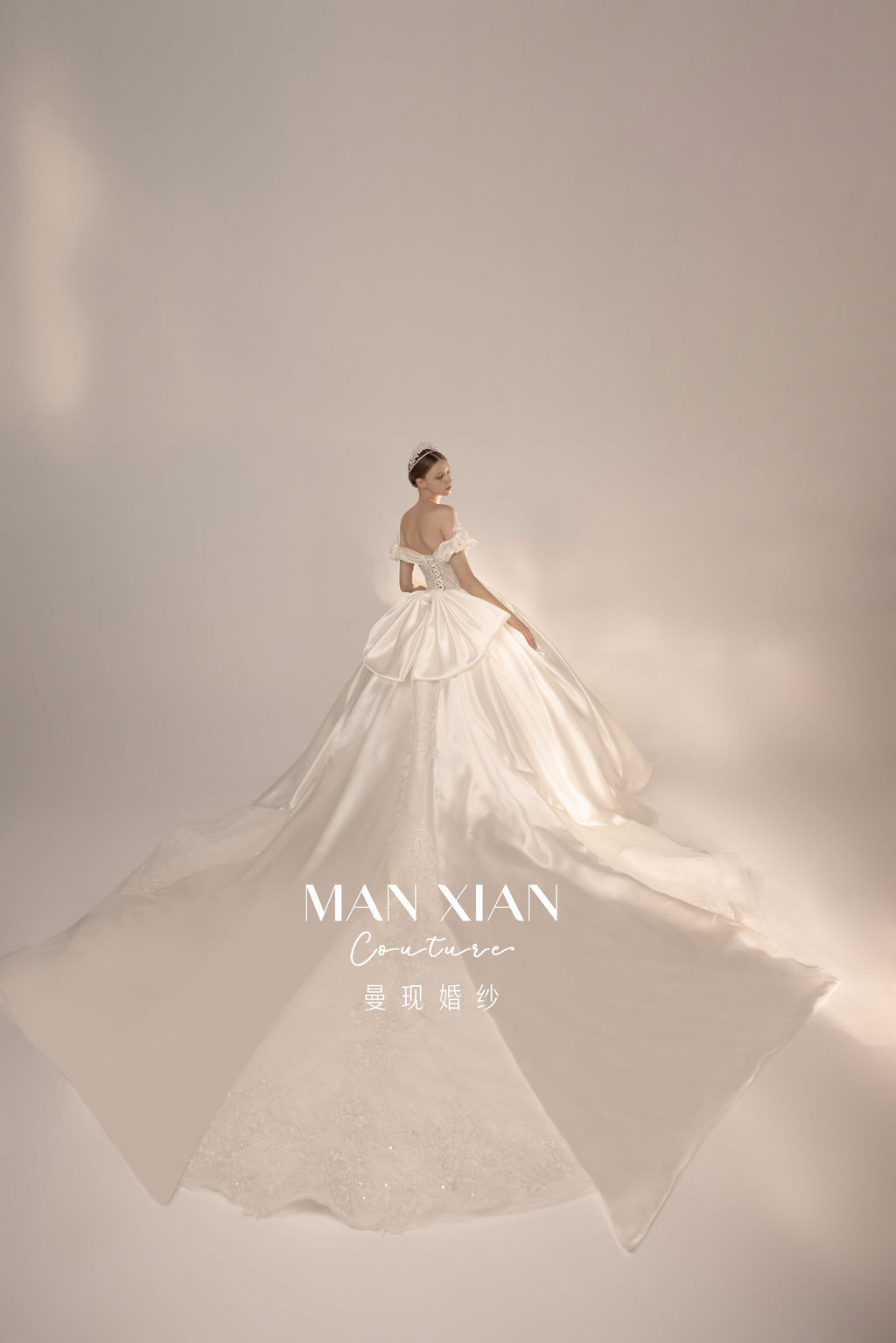 Regal Off-Shoulder Satin Ball Gown Wedding Dress with Oversized Bow & Cathedral Train