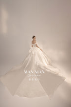 Regal Off-Shoulder Satin Ball Gown Wedding Dress with Oversized Bow & Cathedral Train