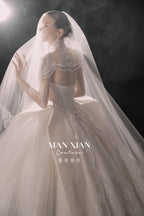 Regal High-Neck Crystal Ball Gown Wedding Dress with Oversized Satin Bows & Cathedral Train