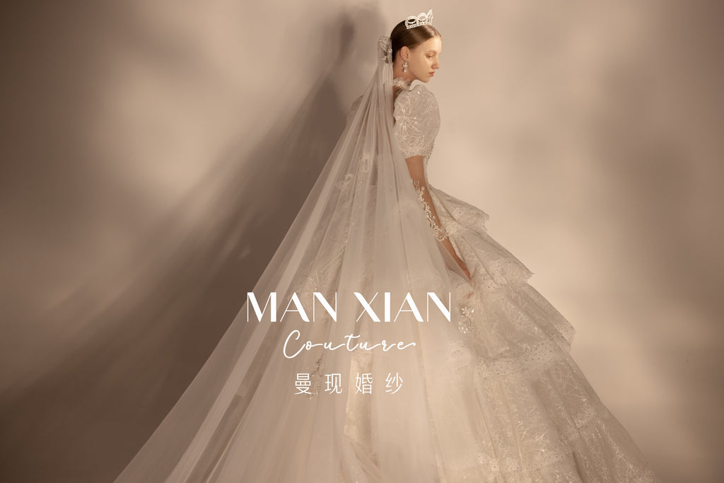 Regal Puff-Sleeve Crystal Ball Gown Wedding Dress with Cathedral Train & Statement Choker