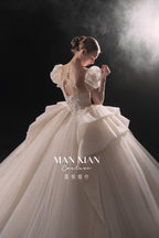 Regal Puff-Sleeve Crystal Ball Gown Wedding Dress with Cathedral Train & Sculptural Lace Skirt