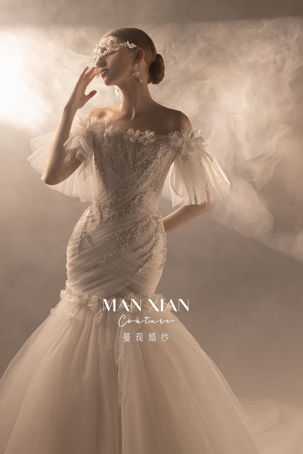 Ethereal Off-Shoulder Crystal Mermaid Wedding Dress with 3D Floral Detail & Cathedral Train