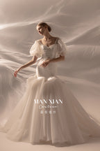 Romantic Off-Shoulder Satin Mermaid Wedding Dress with Puff Sleeves & Cathedral Train