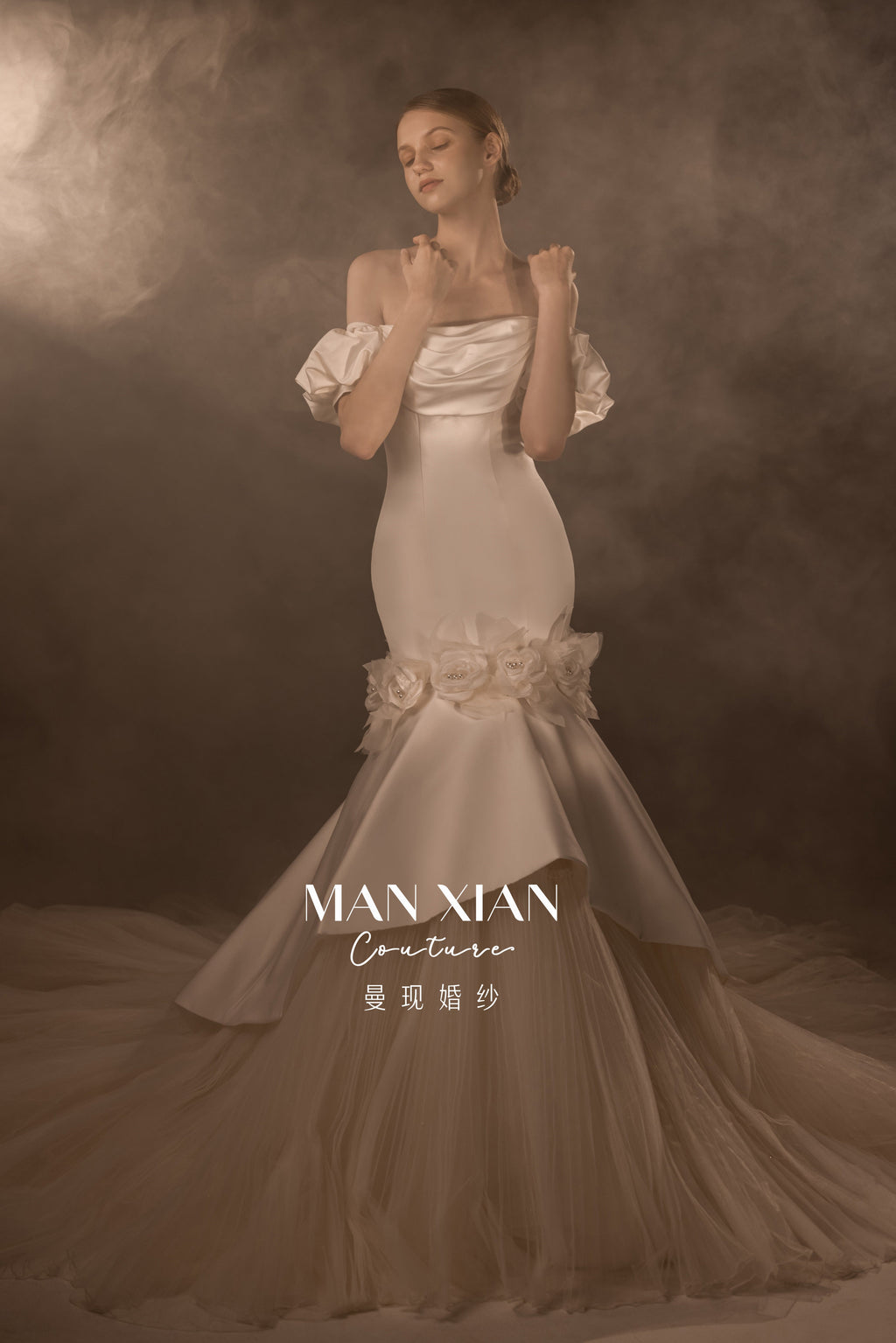 Romantic Off-Shoulder Satin Mermaid Wedding Dress with 3D Floral Detail & Cathedral Train