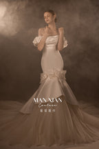 Romantic Off-Shoulder Satin Mermaid Wedding Dress with 3D Floral Detail & Cathedral Train