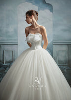 Ethereal Strapless Ruffled Ball Gown Wedding Dress with Chapel Train
