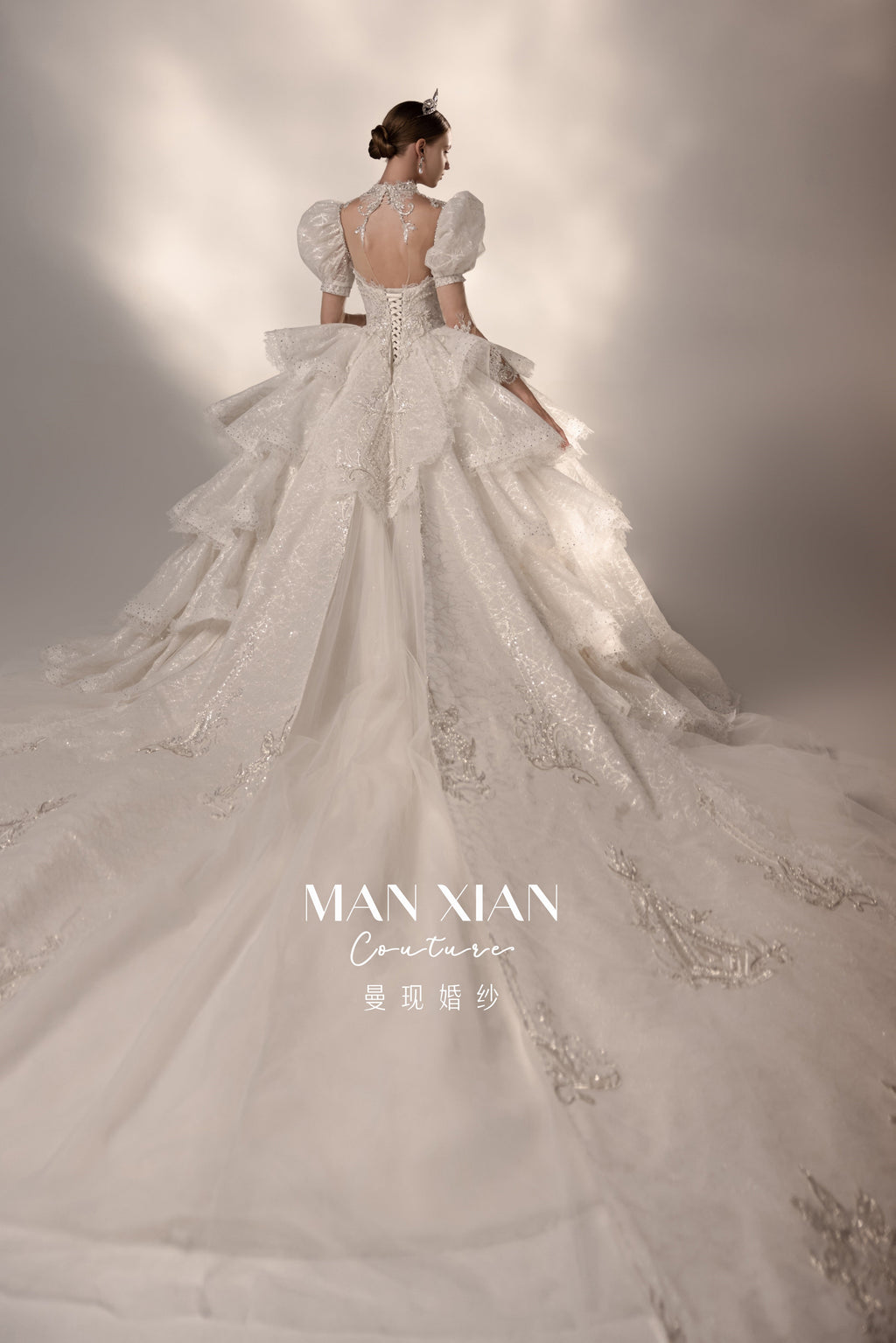 Regal Puff-Sleeve Crystal Ball Gown Wedding Dress with Cathedral Train & Statement Choker