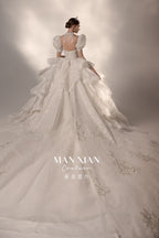 Regal Puff-Sleeve Crystal Ball Gown Wedding Dress with Cathedral Train & Statement Choker