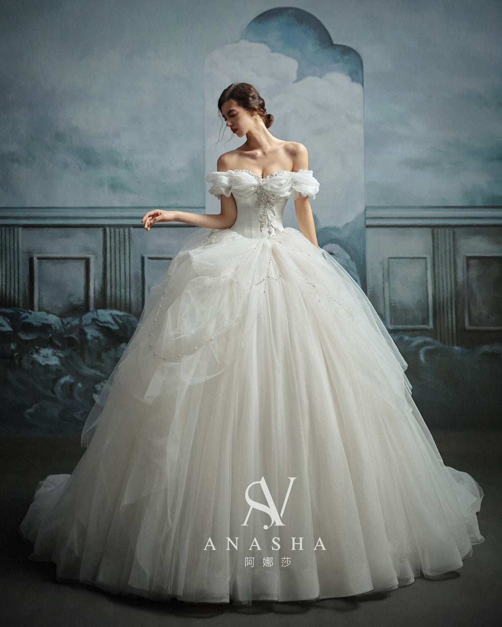 Romantic Off-Shoulder Ruffled Ball Gown Wedding Dress with Chapel Train & Crystal Detailing