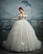 Romantic Off-Shoulder Ruffled Ball Gown Wedding Dress with Chapel Train & Crystal Detailing