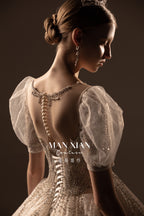 Regal Puff-Sleeve Crystal Ball Gown Wedding Dress with Cathedral Train & Statement Choker