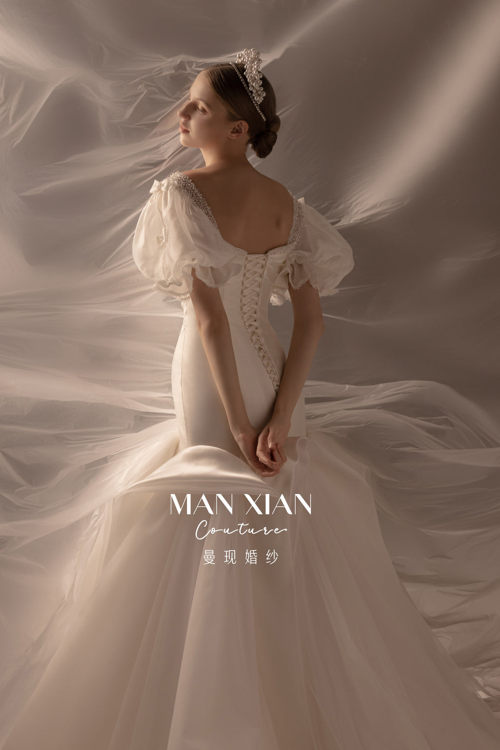 Romantic Off-Shoulder Satin Mermaid Wedding Dress with Puff Sleeves & Cathedral Train