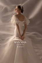 Romantic Off-Shoulder Satin Mermaid Wedding Dress with Puff Sleeves & Cathedral Train