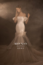 Romantic Off-Shoulder Satin Mermaid Wedding Dress with 3D Floral Detail & Cathedral Train