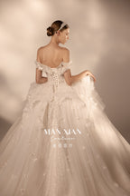 Ethereal Off-Shoulder 3D Floral Ball Gown Wedding Dress with Cathedral Train & Detachable Sleeves