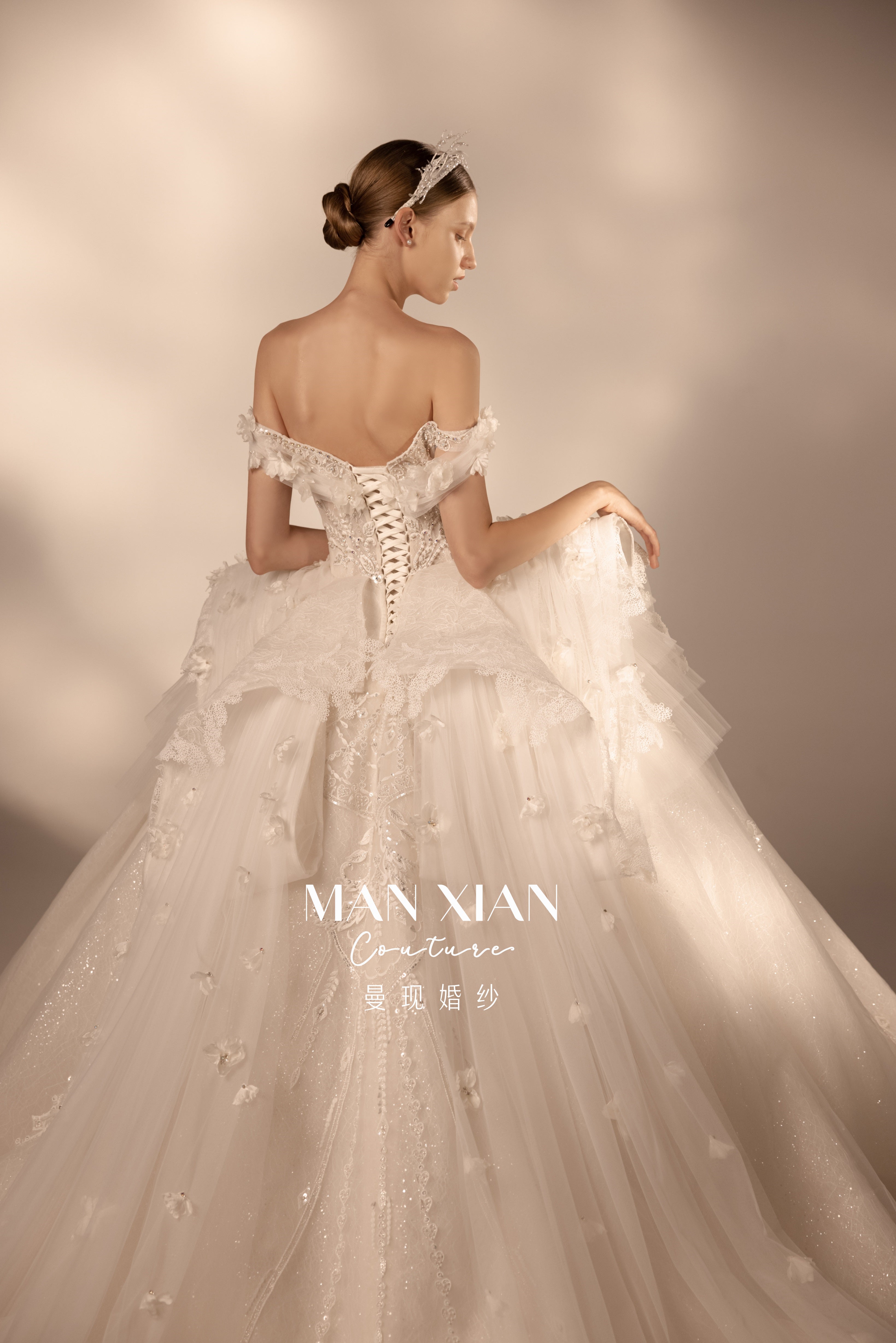 Ethereal Off-Shoulder 3D Floral Ball Gown Wedding Dress with Cathedral Train & Detachable Sleeves