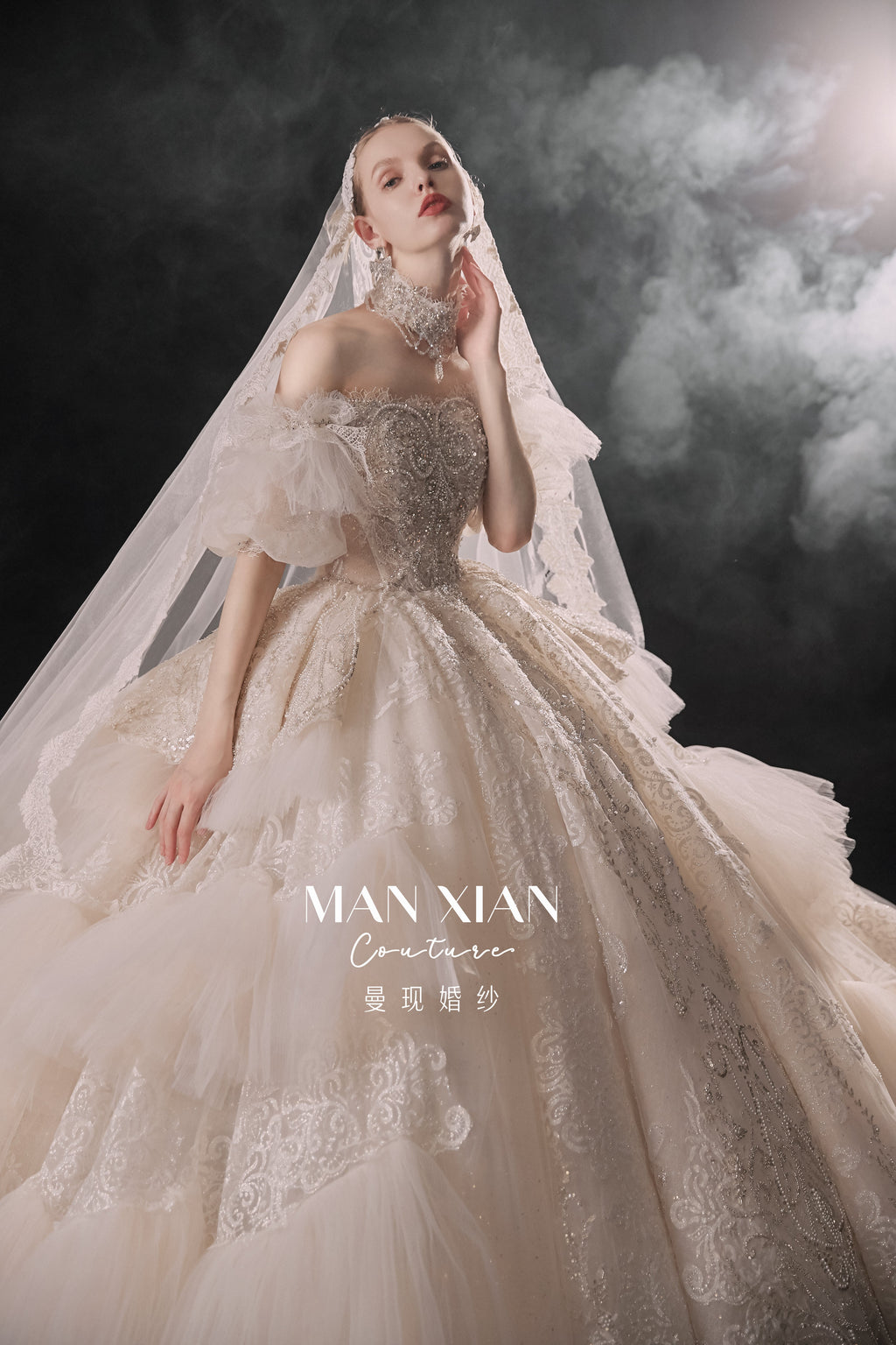 Regal Off-Shoulder Crystal Ball Gown Wedding Dress with Cathedral Train & Statement Choker