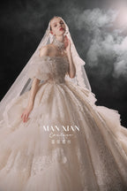 Regal Off-Shoulder Crystal Ball Gown Wedding Dress with Cathedral Train & Statement Choker