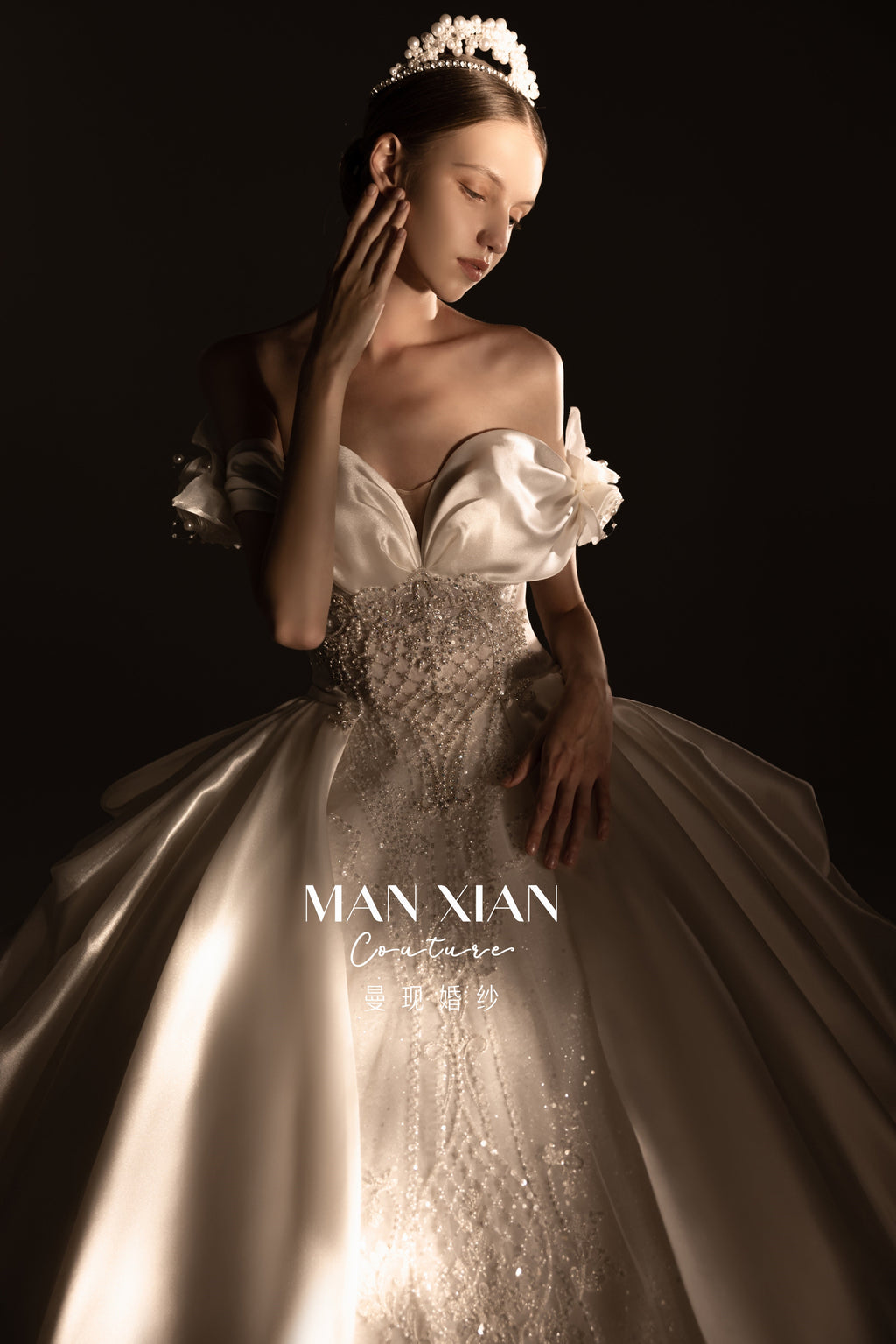 Regal Off-Shoulder Satin Ball Gown Wedding Dress with Oversized Bow & Cathedral Train